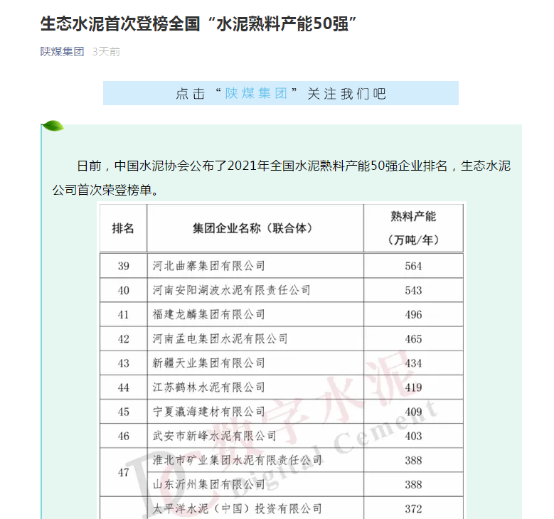 陕煤集团微信 | 生态水泥首次登榜天下“水泥熟料产能50强”