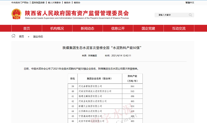 陕西省国资委官网 | 陕煤集团生态水泥首次登榜天下“水泥熟料产能50强”