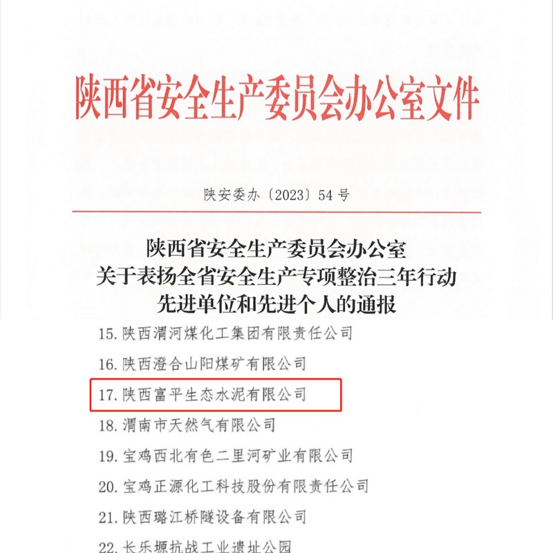 喜报！富平公司荣获“陕西省清静生产专项整治三年行动先进单位”称呼！