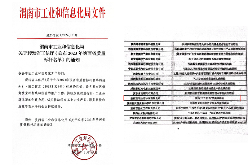 喜报！富平公司荣获陕西省质量标杆声誉